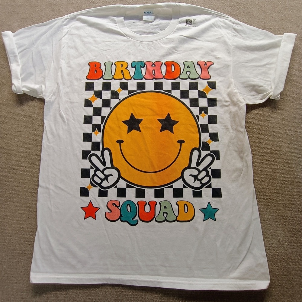 Birthday Squad Smile Face Sarcastic‎ Novelty Funny White S/S T-Shirts Mens LARGE